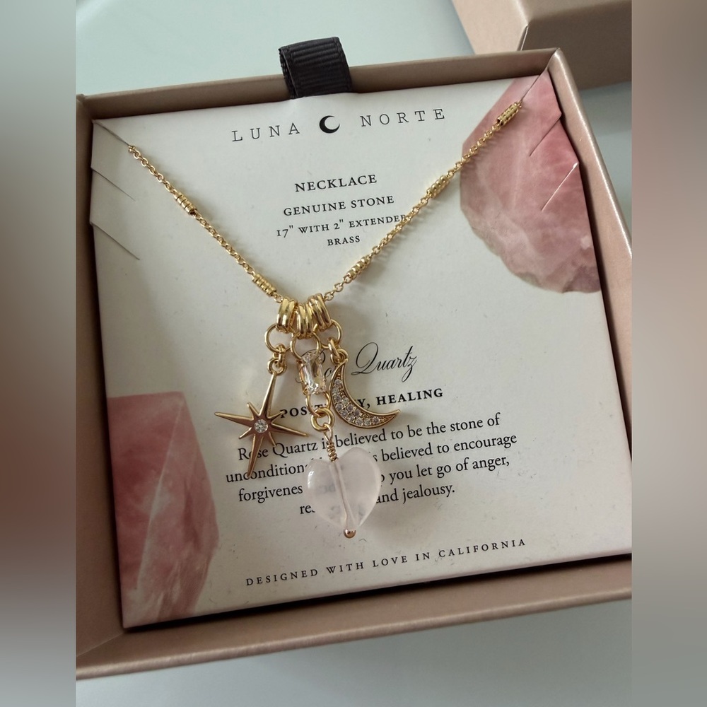 Luna Norte Gold celestial Rose Quartz Heart charm Pendant Necklace